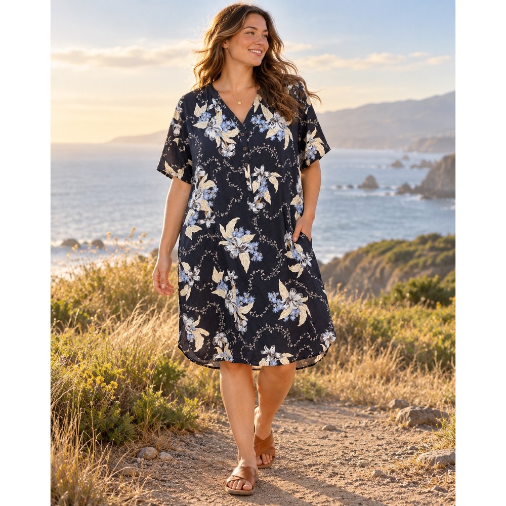 Patagonia Pataloha Floral Lyocell Dress Navy Blue XL Short Sleeve Tropical